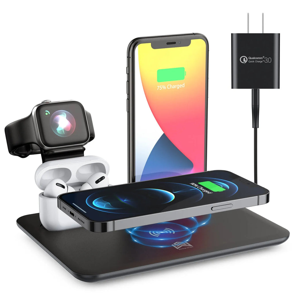 Black desktop wireless charging station for phone with watch and headphone charging outputs