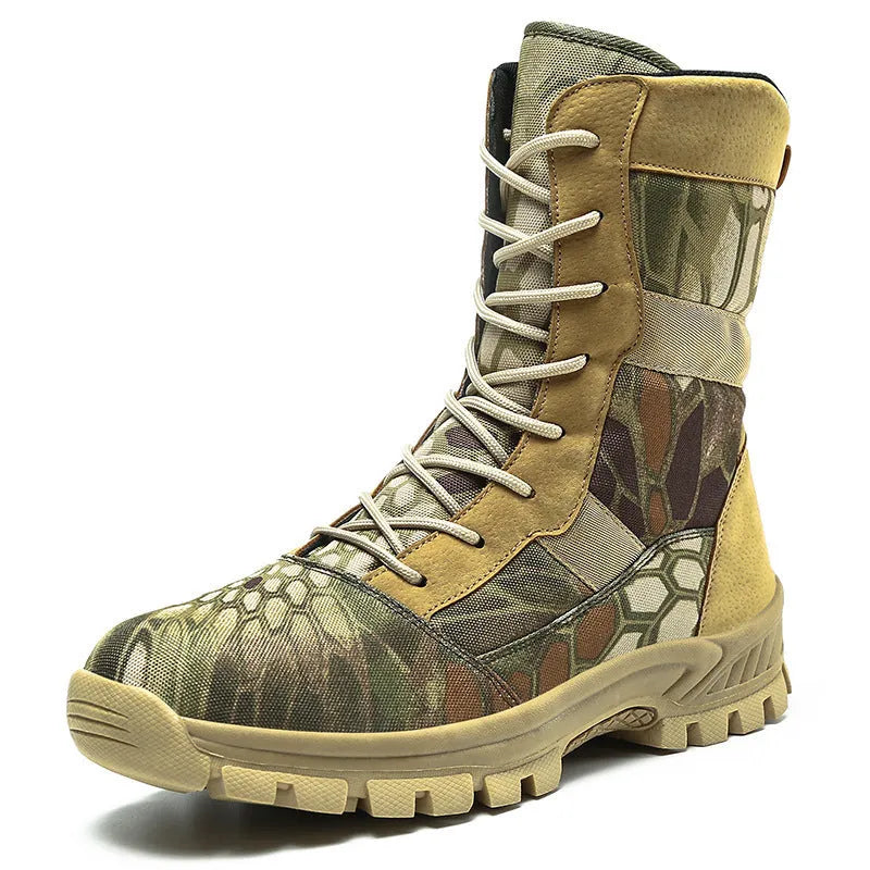 Men's black and camouflage plus size high-top combat boots with mesh upper showing totem detailing