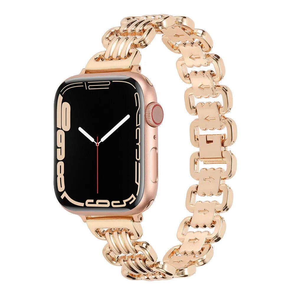 Alloy metal watch bracelet for Apple Watch in silver, black, gold, rose gold, and starlight colours on a white background