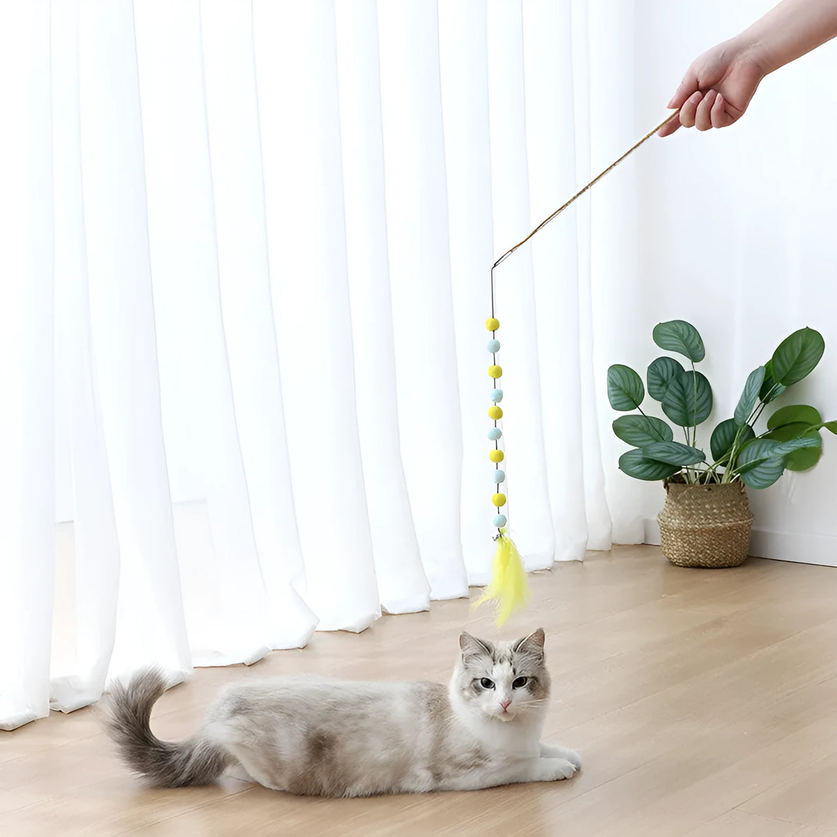 Cat teaser wand toy with plush ball, feathers, and plastic rod, about 31 cm long, random colour