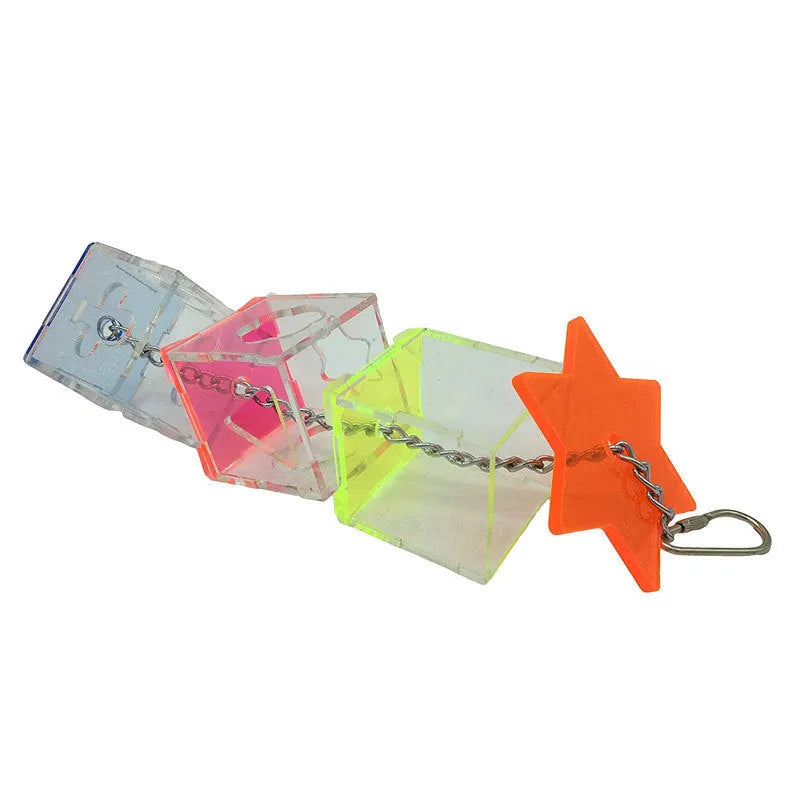 Clear acrylic parrot foraging toy measuring 5x5x32cm for holding bird treats