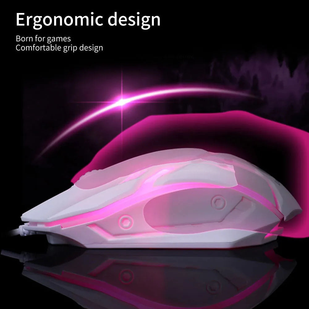 Black and white glowing USB wired computer mouse with colourful LED effects and 1.3 metre cable