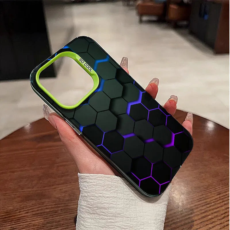 Frosted protective phone case for Apple iPhone with honeycomb pattern, shown in Moonlight Black colour.
