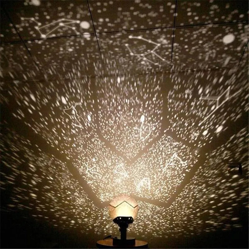 LED starry sky projection night lamp showing constellations on a bedroom ceiling, with remote control.