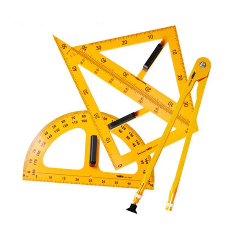 Orange and black plastic triangle ruler and protractor set with chalk compass for mathematics teaching