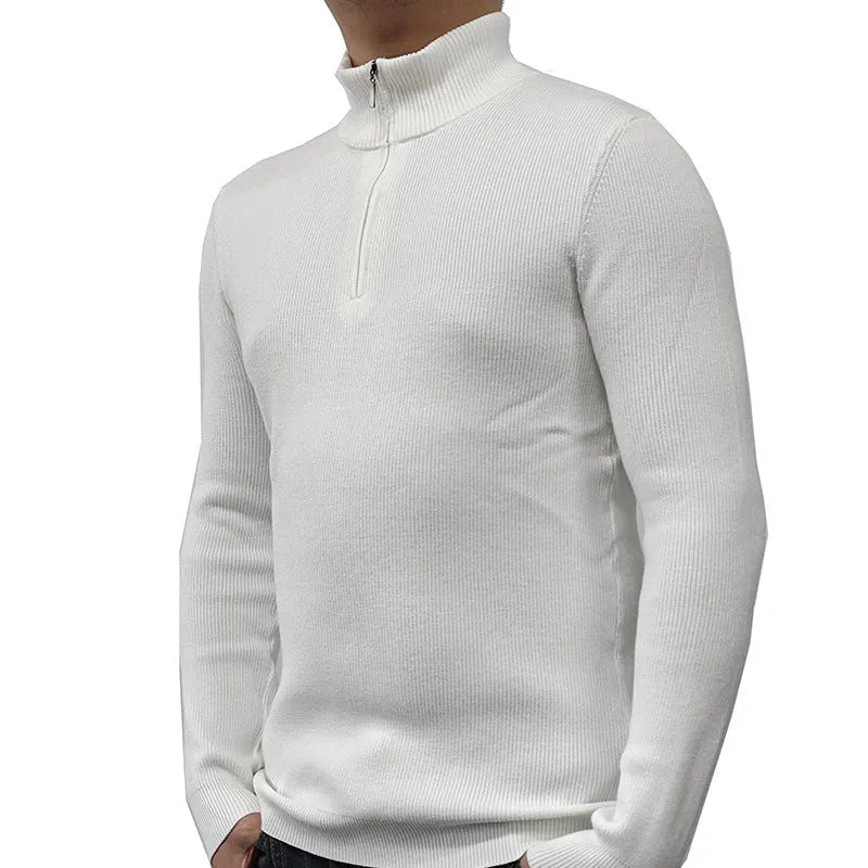 Men's grey half-turtleneck zip-front sweater made from cotton blend fabric.