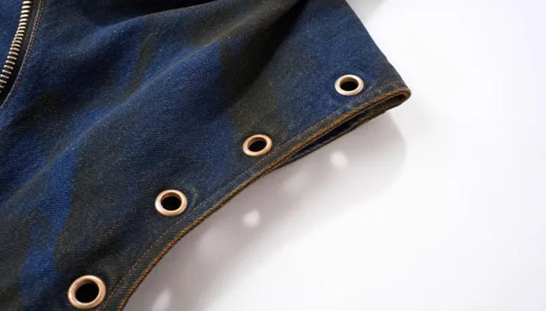 Blue Korean-style hooded denim vest coat and matching trousers two-piece set