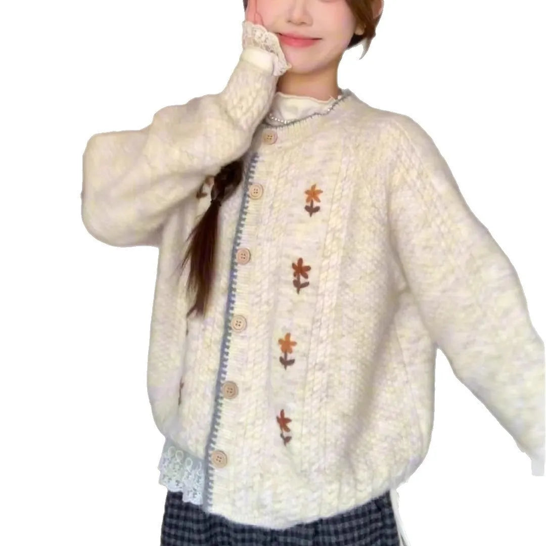Japanese style round neck flower knitted cardigan for women in oatmeal colour with long sleeves and button front