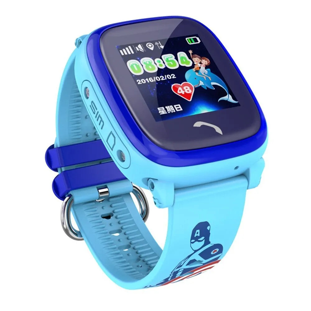 Blue children's waterproof smart watch with GPS tracking and SOS button on silicone wristband