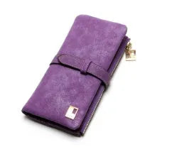 Korean retro style matte PU leather long zip wallet for women in multiple colours showing card slots and coin purse.