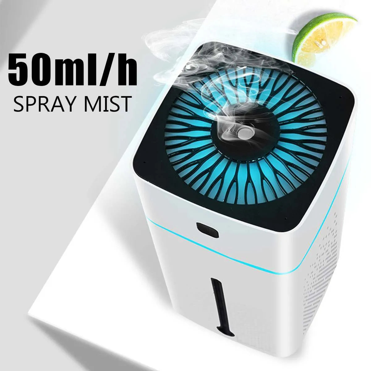 Black and white desktop humidifier with USB-C port, 1000ml water tank, showing compact size for office use.