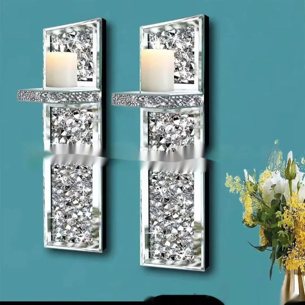 Pair of silver mirror glass candle holders with modern style for wall hanging decoration