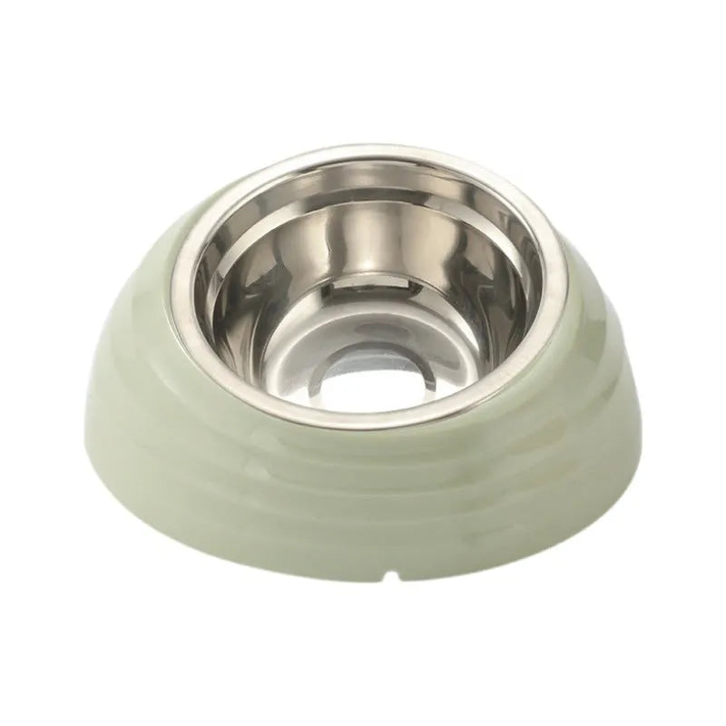Stainless steel cat bowl in plastic base, available in light green, beige, and brown colours.