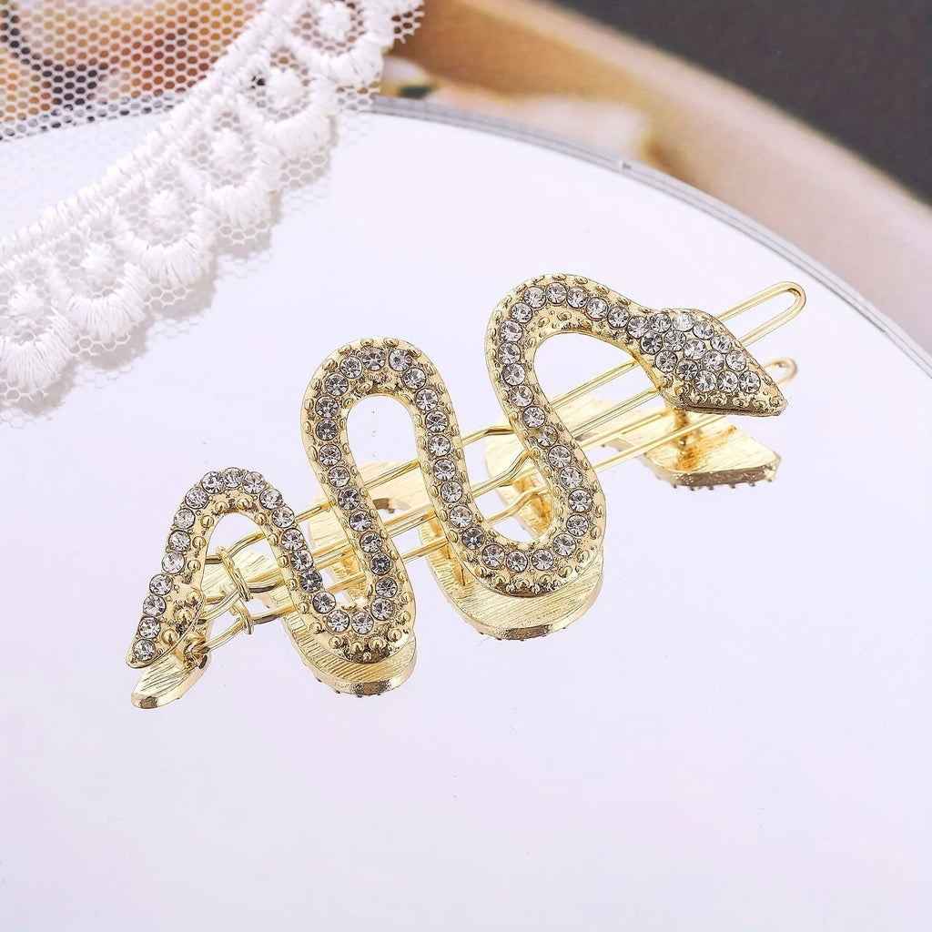 Korean vintage snake design hair barrette with full rhinestone coverage in gold electroplated finish
