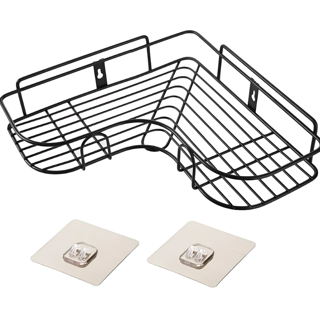 Punch-free iron single-layer corner rack for bathroom and kitchen storage in white or black with suction stickers.