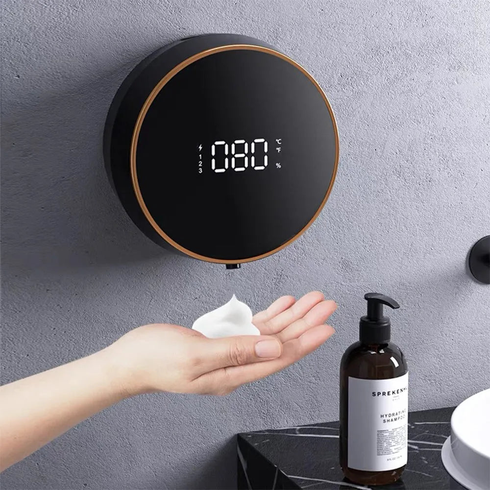 Black smart automatic foam soap dispenser with infrared sensor and USB charging port mounted on wall