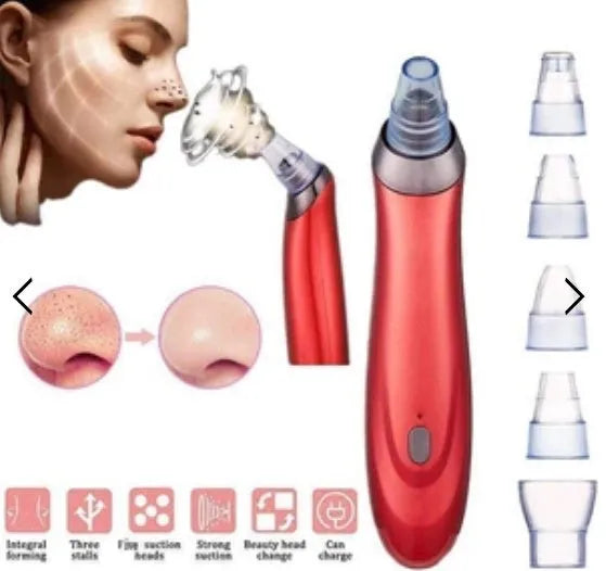 Electric blackhead remover device with five nozzle attachments in black, gold, red, or white colour options.