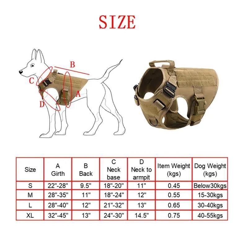 Dog wearing polyester combat training vest in camouflage pattern with lead attachments