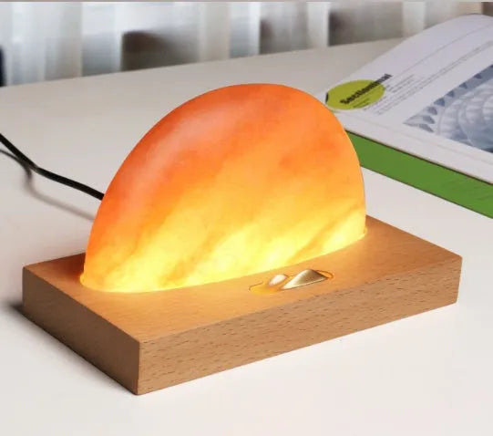 Sunrise Oriental natural crystal salt lamp with wireless phone charging on solid beech wood base