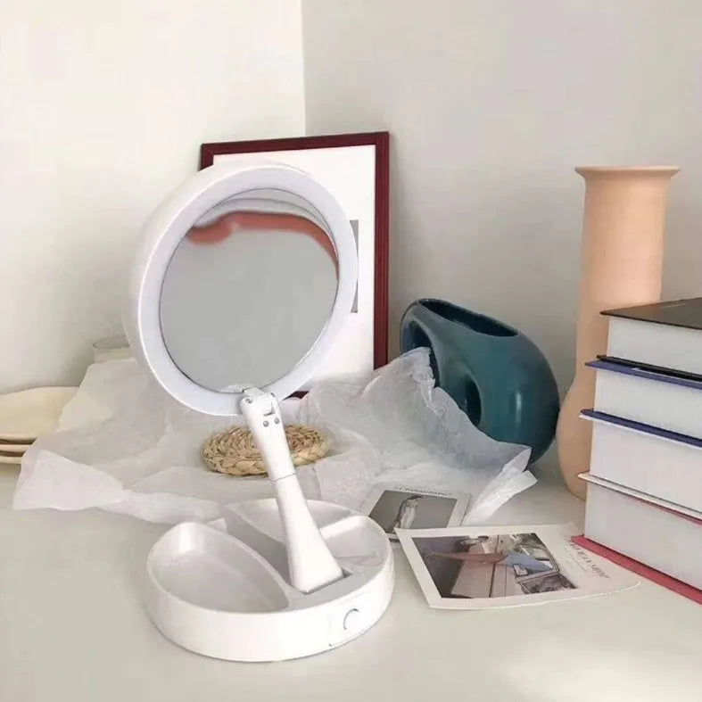 White foldable double-sided LED vanity mirror with USB charging port