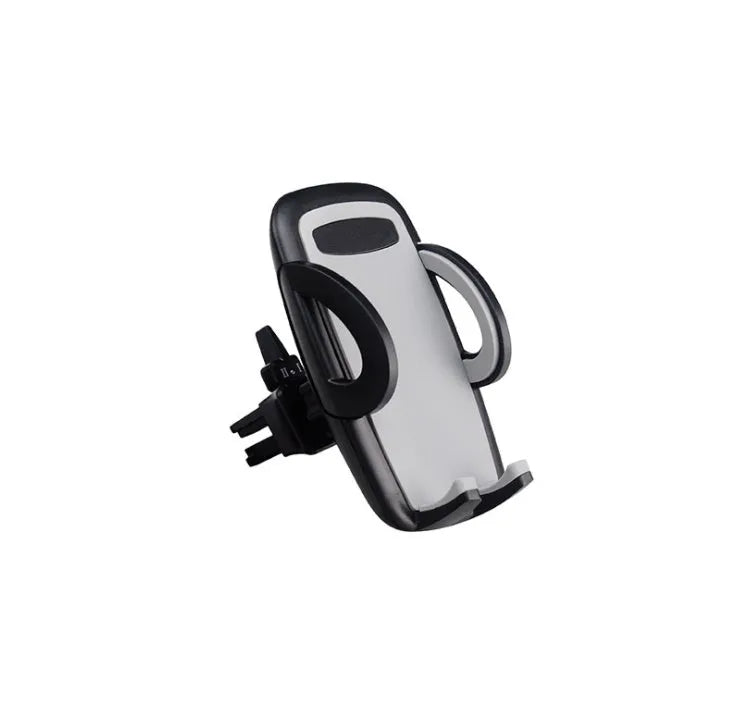 Black plastic mobile phone holder attached to car air conditioning outlet for hands-free navigation