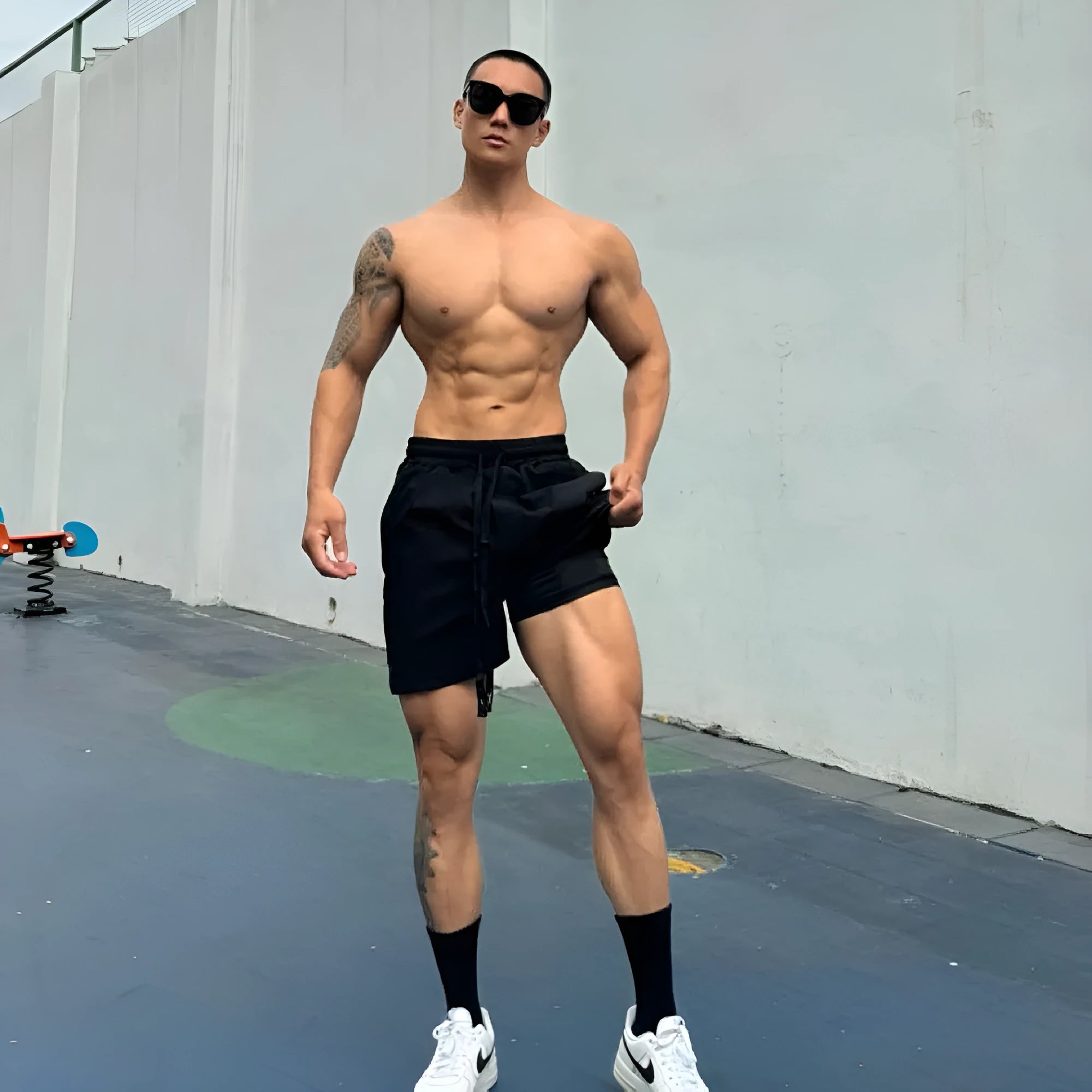 Men's quick-drying ice silk shorts in black, blue, grey and khaki colours showing quarter-length design
