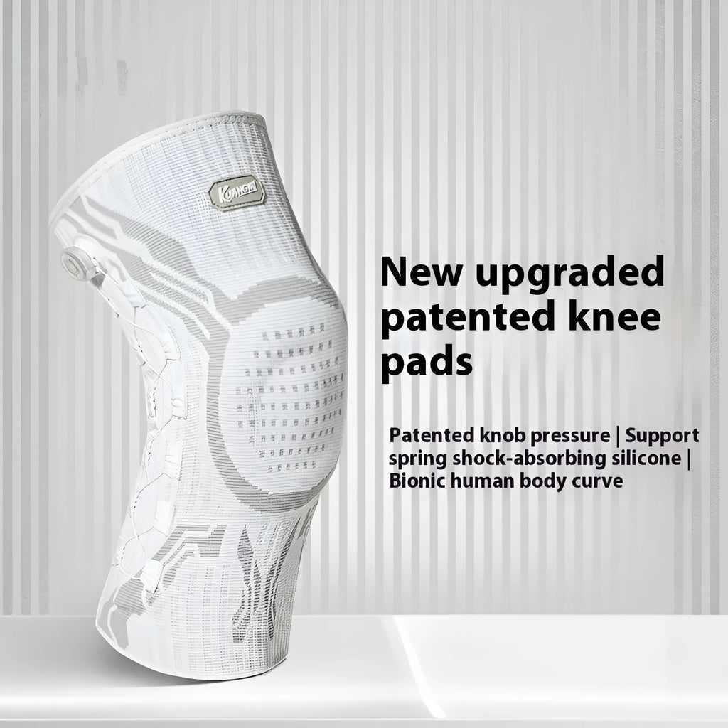 Grey-white sports knee pads showing left and right foot-specific design for basketball, football, and badminton protection