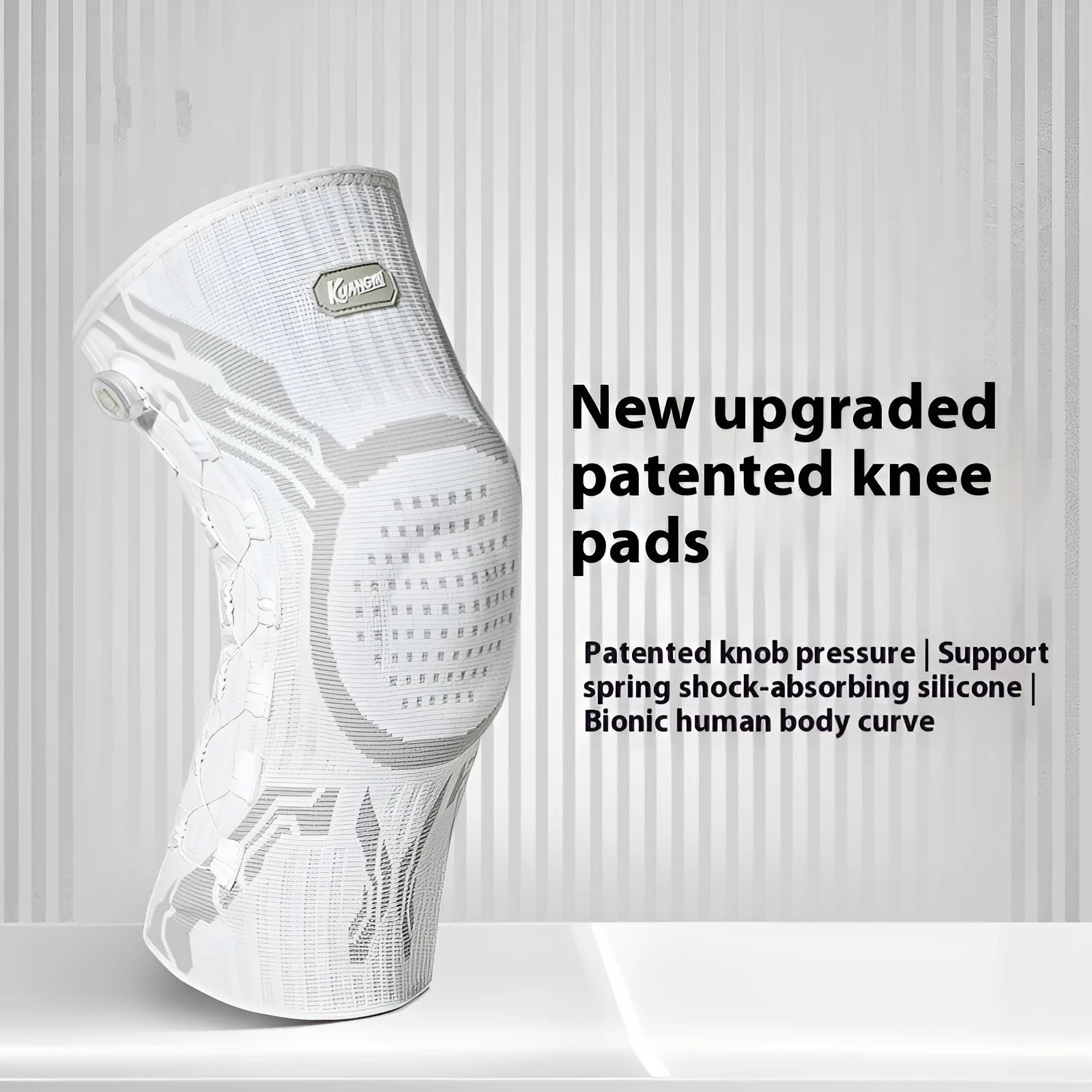 Grey-white sports knee pads showing left and right foot-specific design for basketball, football, and badminton protection