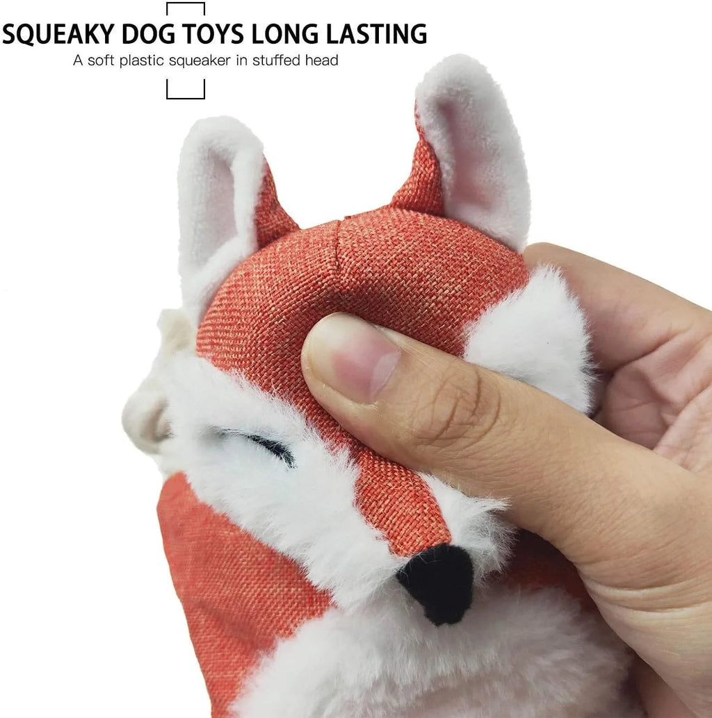 Brown fox dog toy with squeaker, crinkle paper, and cotton rope arms