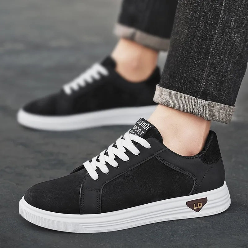 Men's black PU leather casual sneakers with snake pattern detailing and round toe design