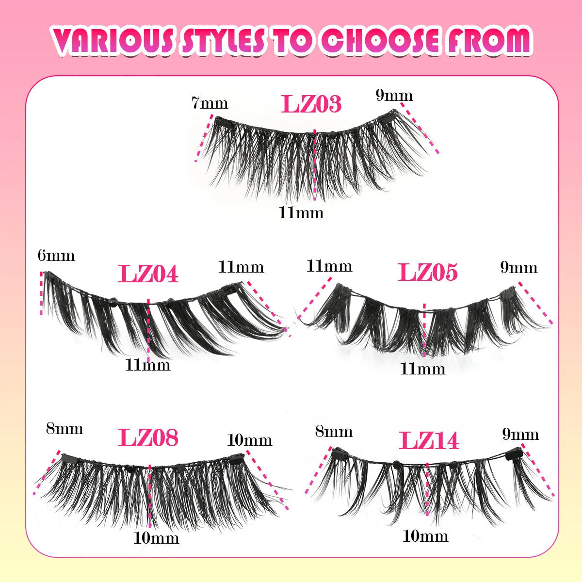 Set of five thick, black, waterproof reusable false eyelashes with glue-free bands.