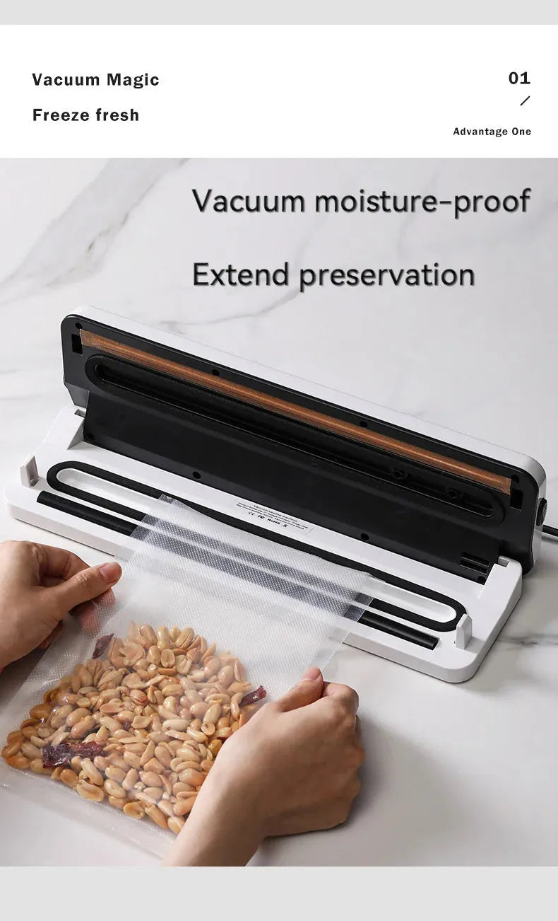 Black automatic vacuum sealer machine for household food preservation and item storage