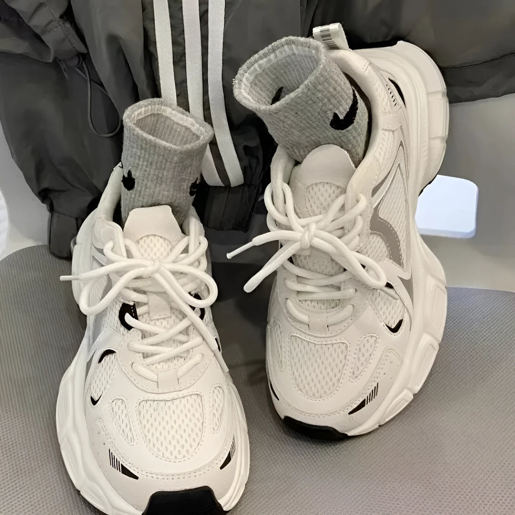 Beige mesh sports shoes with wedge heel platform and front lace-up fastening