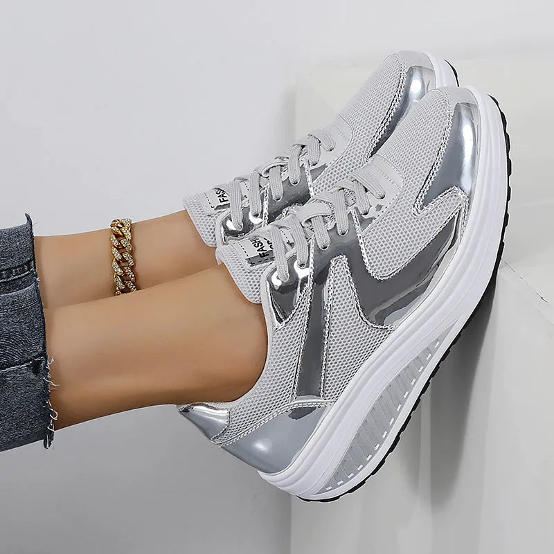 Women's gold mesh platform sports shoes with cross-strap and thick sole
