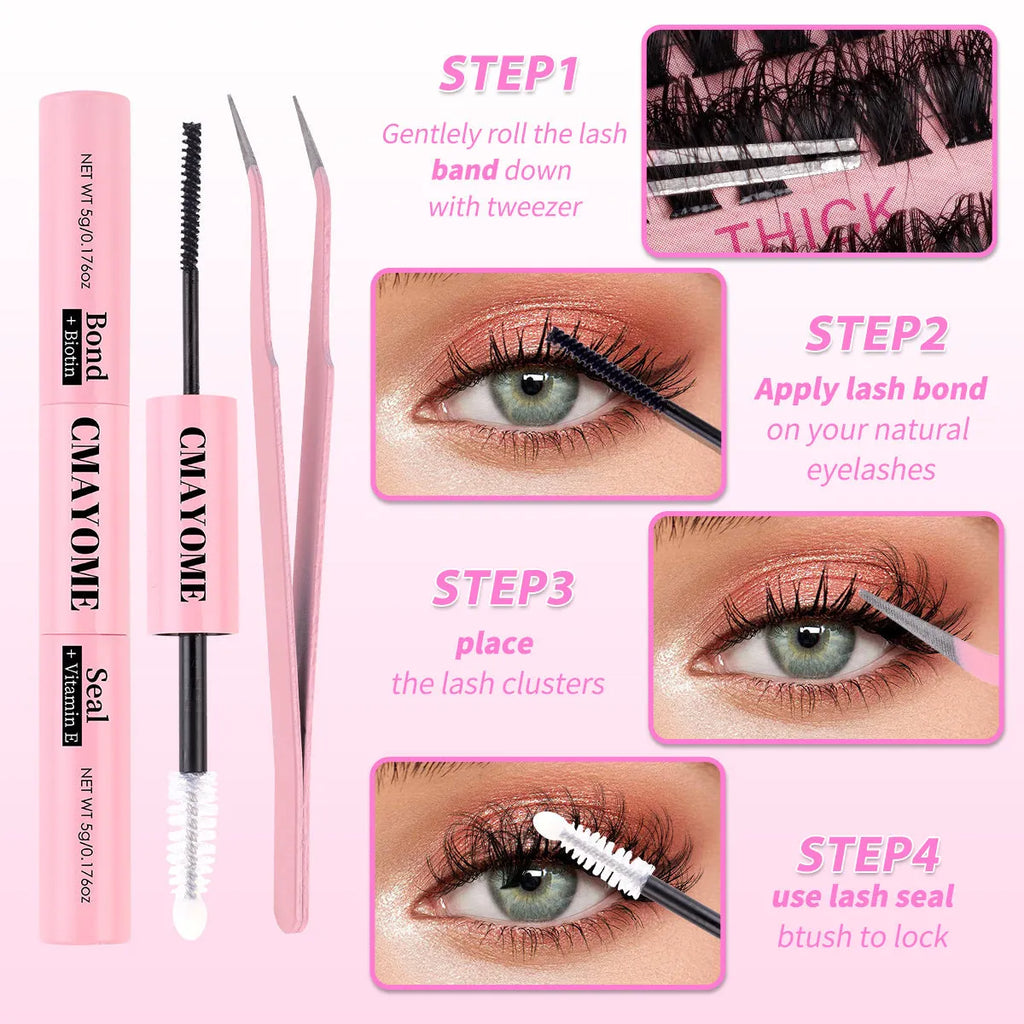 DIY false eyelashes extension suit with single cluster lashes and eyelash tweezers