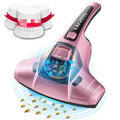 Pink handheld mite killer vacuum cleaner with dust container, shown with optional replacement heads.