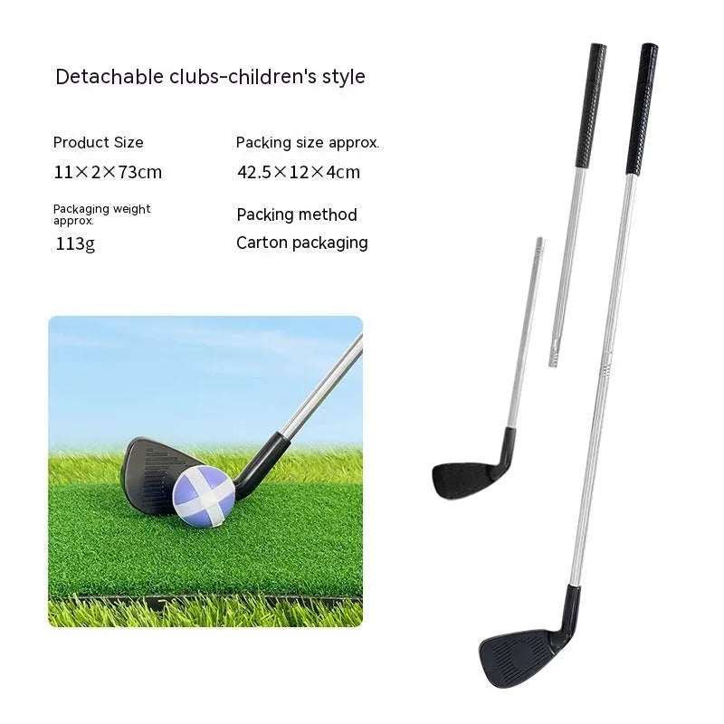 Metal golf practice club shown in children's and adult size options for outdoor sports