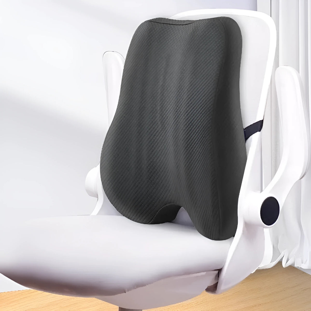 Office chair lumbar support cushion in grey colour showing 40x40x8cm dimensions