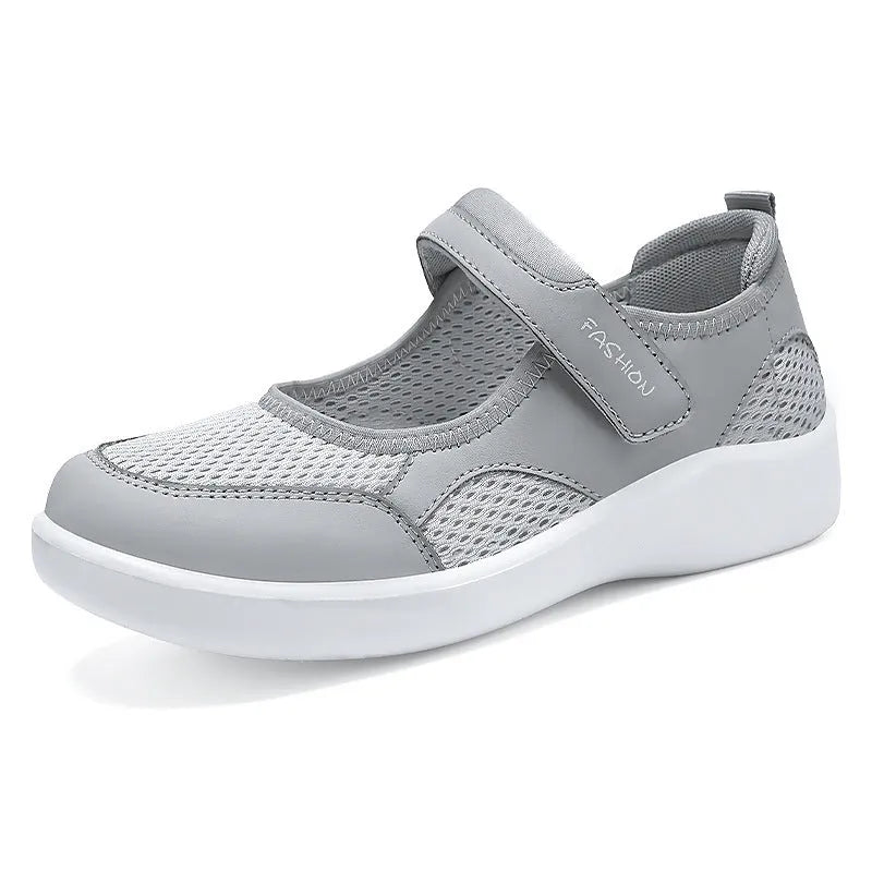 Women's grey mesh casual shoes with Velcro fastening and flat polyurethane sole