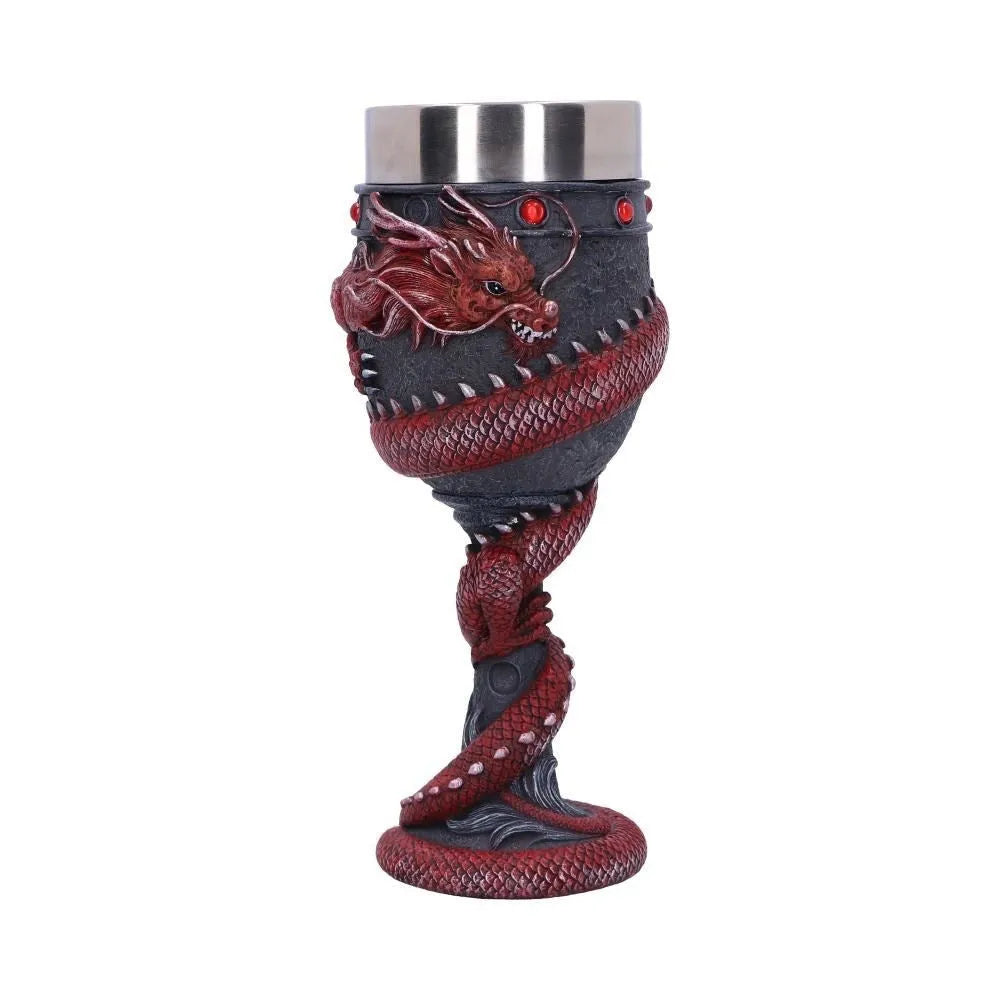 Chinese dragon 3D red wine glass in gold and red colour options showing detailed dragon design