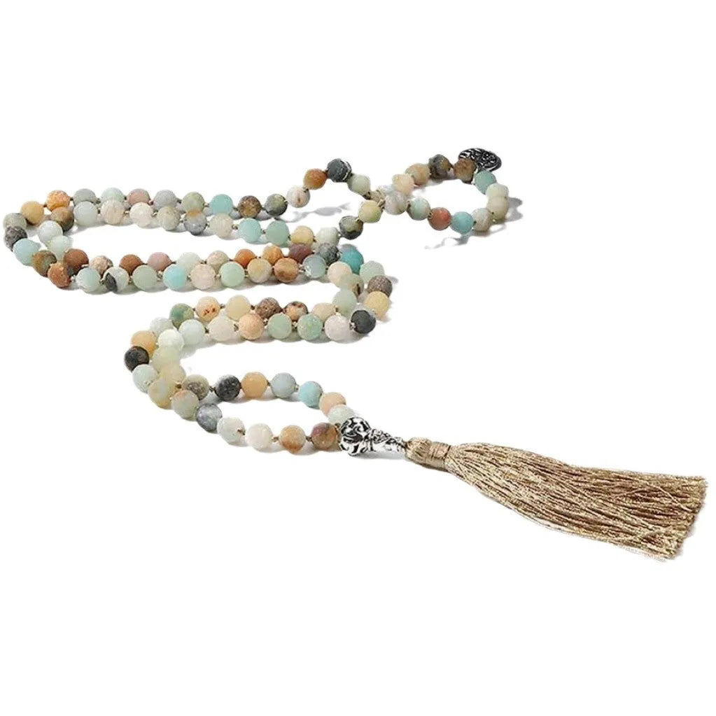 Handmade natural stone beaded necklace with 108 8mm knotted beads in 81cm length showing geometric shape and regular chain style