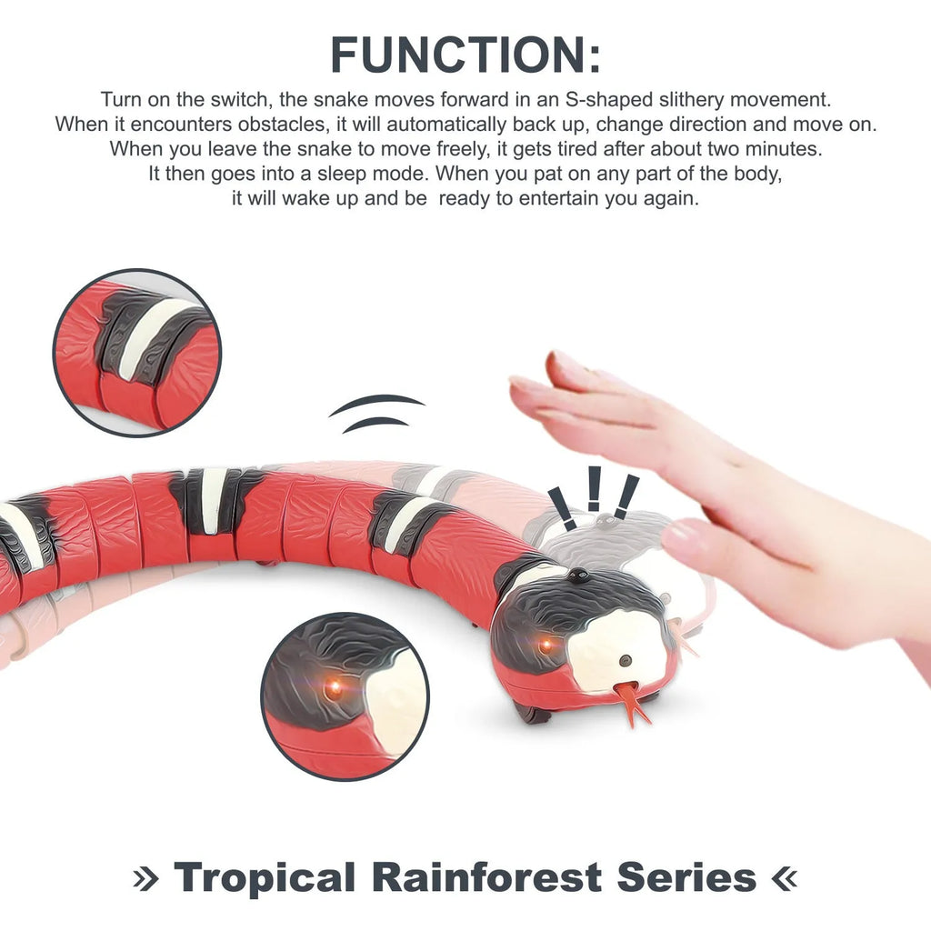 Electronic snake cat toy with segmented plastic body showing S-type crawling motion on floor