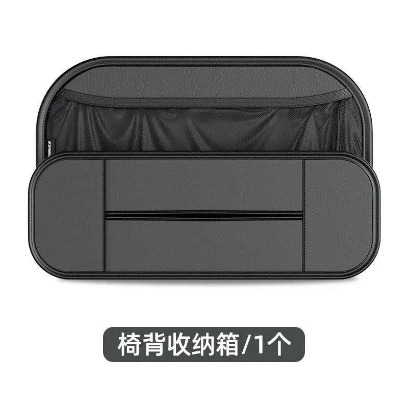 Black leather car seat rear storage bag with adjustable straps showing 36cm organisable space