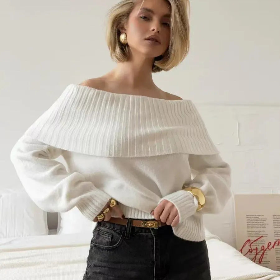 Gray off-the-shoulder acrylic sweater with 3D pattern effect and regular sleeves