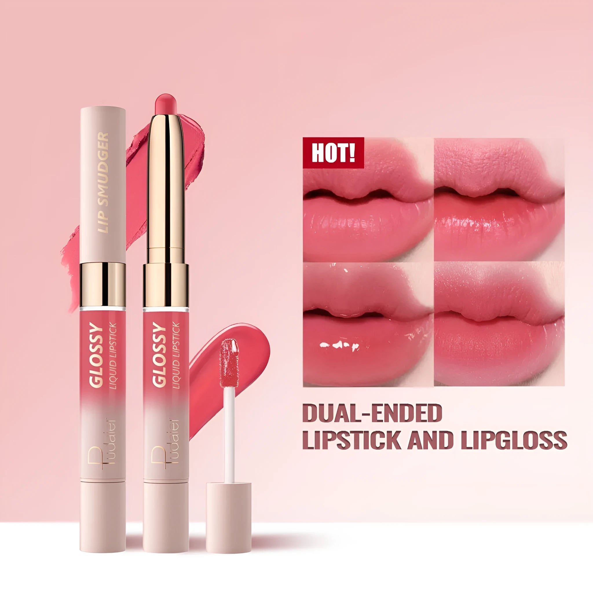 Double-headed lipstick with matte finish and lip gloss in ten colour options