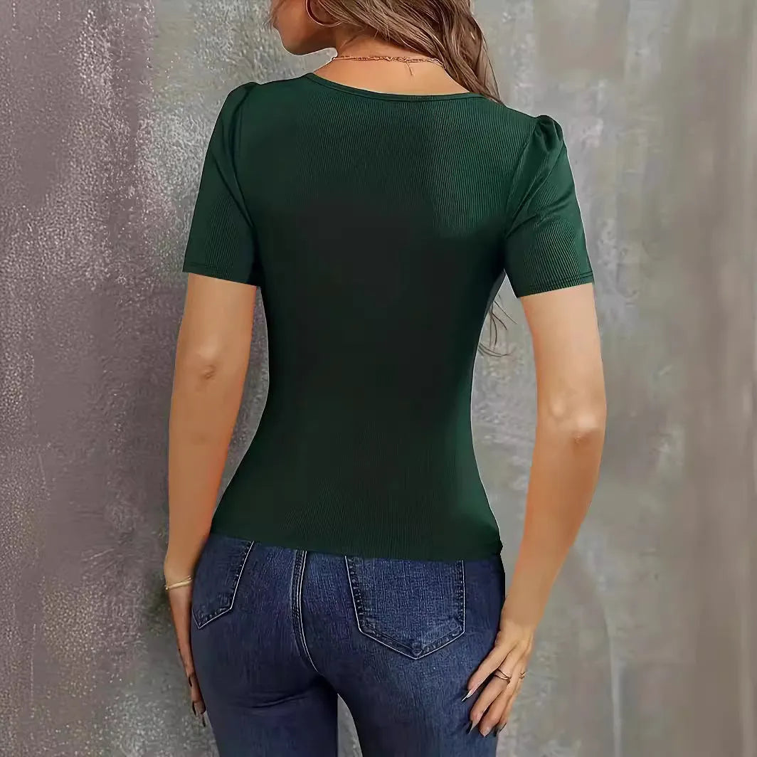 Women's low neckline slim fit knitted short sleeve top in polyester fabric available in three colours