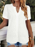 White women's V-neck T-shirt with hollow out design detail and short sleeves