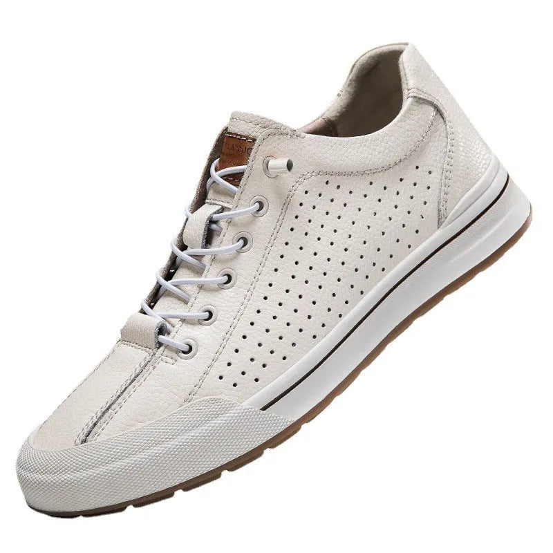 Men's white and black leather shoes with flat heel and round toe design