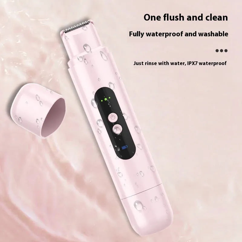 Pink and white portable electric body hair trimmer depilator with USB charging cable.
