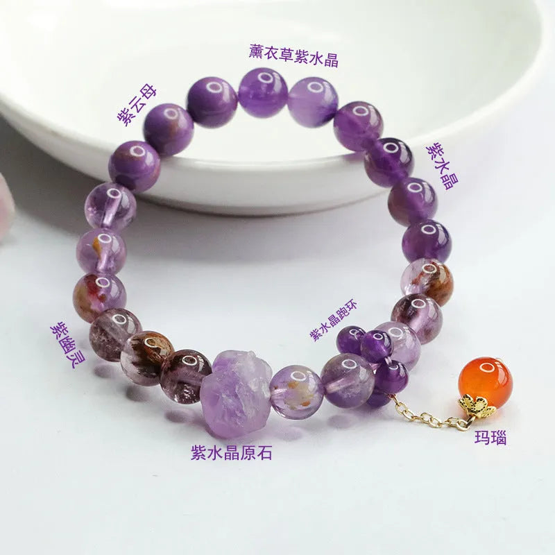 Natural purple amethyst and red agate crystal bracelet in Mori style design